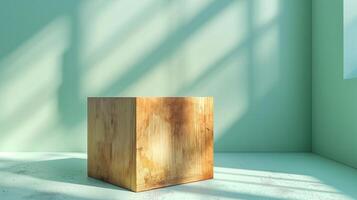 Simple wooden cube by green wall banner background copy space. Shape of wood indoors image backdrop empty. Commercial promotion design concept composition front view, copyspace photo