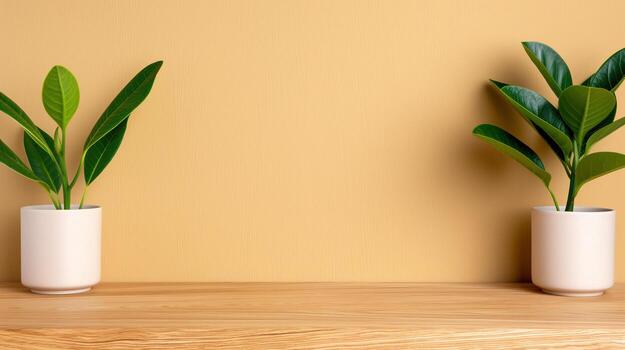 Wooden table top with houseplants banner background copy space. Frame of plants on counter image backdrop empty. Commercial design concept composition front view, copyspace photo