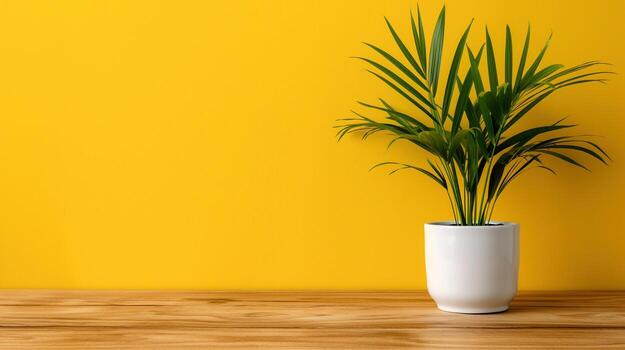 Potted palm on wooden display table banner background copy space. Product placement timber countertop image backdrop empty. Advertising concept composition front view, copyspace photo
