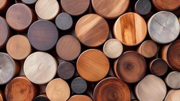 Natural logs of various sizes banner background copy space. Round wooden slabs pattern image backdrop empty. Woodwork craft supplies concept composition top view, copyspace photo