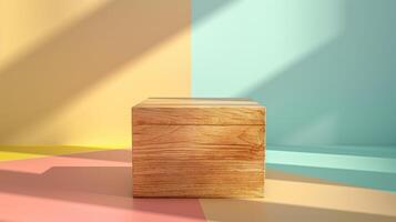 Wooden block for products promo near color wall banner background copy space. Minimalist product stage image backdrop empty. Business concept composition front view, copyspace photo