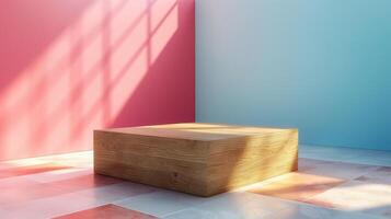 Empty wooden stage indoors banner background copy space. Commercial podium presentation image backdrop empty. Business product stage concept composition front view, copyspace photo