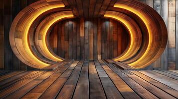 Illuminated tunnel with glowing light banner background copy space. Wooden stage for products image backdrop empty. Timber podium concept composition front view, copyspace photo
