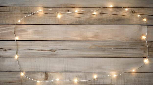 Glowing lights garland on wooden surface banner background copy space. Festive product display image backdrop empty. Product placement concept composition top view, copyspace photo