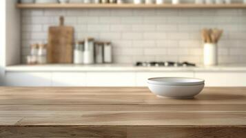 Plates on wooden table in kitchen banner background copy space. Dishware on minimalist countertop image backdrop empty. Food preparation concept composition front view, copyspace photo