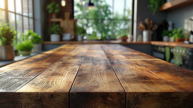 Vintage wooden tabletop in kitchen banner background copy space. Products placement timber display image backdrop empty. Old table concept composition front view, copyspace photo