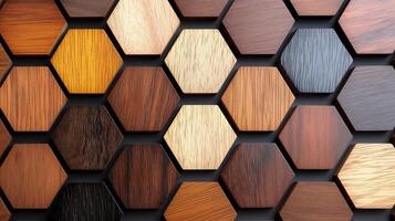 Wooden hexagon shapes ornament banner background copy space. Geometric pattern of polished timber image backdrop empty. Home decor ideas concept composition top view, copyspace photo