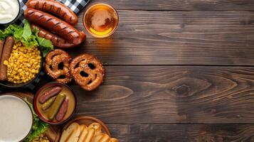 German cuisine dishes on wooden table banner background copy space. Oktoberfest snacks and beer image backdrop empty. Food and drink concept composition top view, copyspace photo