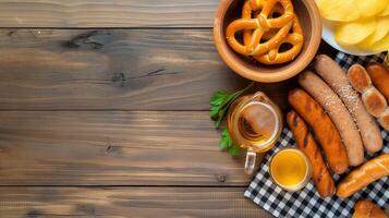 Traditional oktoberfest food and drinks banner background copy space. Sausages, snacks and beer on table image backdrop empty. German folk feast concept composition top view, copyspace photo