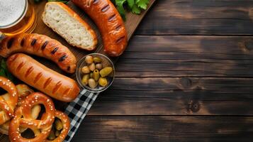 Grilled sausages served on rustic wooden table banner background copy space. Oktoberfest food and drink image backdrop empty. Tasty snacks concept composition top view, copyspace photo
