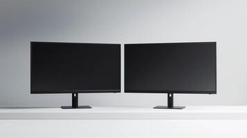 Mockup pc displays on white background. Powerful computer two monitors with screensavers template advertising image. Web designer workplace with screens mock ups product photorealistic photo