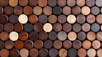 Vintage pattern of polished round wood pieces banner background copy space. Timber decor in interior image backdrop empty. Carpentry concept composition top view, copyspace photo