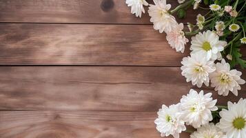 Fresh aromatic flowers on vintage wooden table banner background copy space. Chrysanthemums frame image backdrop empty. Floral decor concept composition top view, copyspace photo