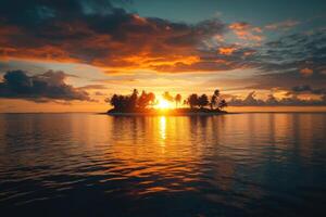 Vibrant sunset over a tropical island with silhouetted palm trees reflecting in calm waters photo