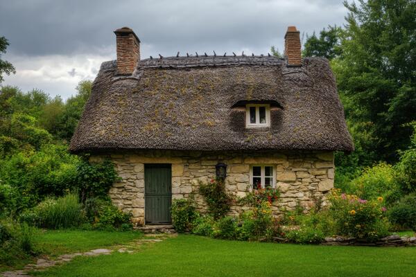 Charming thatched cottage surrounded by lush greenery in a serene countryside setting