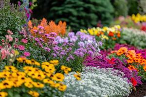 Colorful flower garden blooming in springtime with various vibrant blossoms and greenery photo