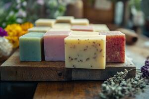 A collection of colorful handmade soaps displayed on a rustic wooden board surrounded by flowers photo