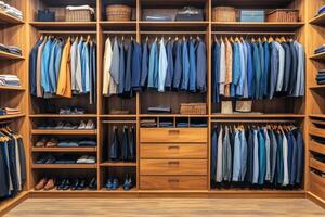 Organized closet with neatly arranged suits and accessories in a contemporary wooden wardrobe photo