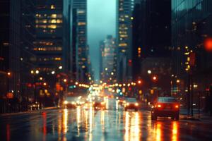 Rain-soaked city street at night with light reflections and blurred cars passing by photo