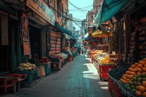 Busy market street filled with colorful fruits and vegetables on a sunny day photo