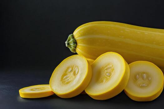 Fresh yellow squash sliced and whole on a dark countertop in a kitchen setting photo