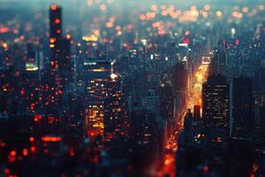 Aerial view of a bustling city skyline illuminated at night with vibrant lights and activity photo