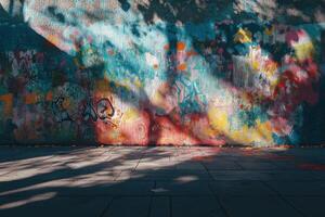 Colorful graffiti wall with vibrant patterns and textured shadows in an urban setting photo