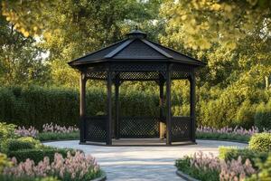 Beautiful black gazebo surrounded by lush greenery and blooming flowers in a tranquil park setting photo