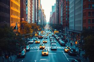 Busy urban street in the late afternoon featuring traffic and tall buildings in New York City photo