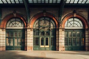 Historic train station entrance featuring ornate arches and vintage design details in daylight photo