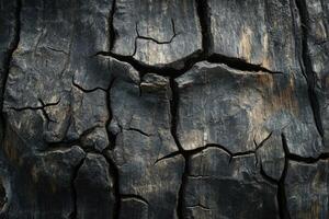 Cracked blackened wood texture created by fire exposure in a forest environment photo