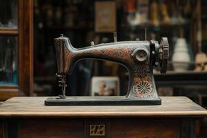Vintage sewing machine on a wooden table in a quaint shop filled with crafts and decor photo