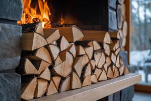 Cozy fireplace with neatly stacked firewood in a modern living room during winter evening photo