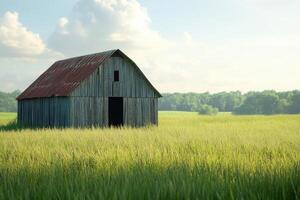 Rustic wooden barn stands in a green field under a clear blue sky during golden hour photo