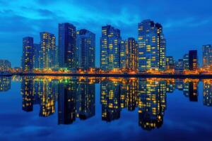 Evening skyline reflecting in water with illuminated high-rise buildings in a vibrant city photo