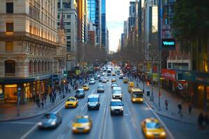 Busy city street filled with yellow taxis and pedestrians during late afternoon rush in downtown photo