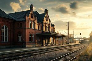 Historic train station at sunset with dramatic clouds and empty railway tracks photo