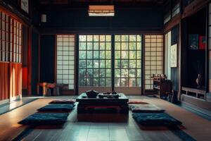 Traditional Japanese room with tatami mats and sliding doors overlooking a serene garden photo