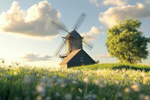 A rustic windmill stands tall amidst a vibrant meadow under a bright sky at sunset photo
