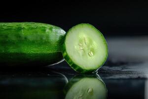 Freshly sliced cucumber with green skin and seeds placed on a reflective black surface photo