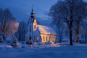 Cozy winter evening at a charming snow-covered church surrounded by frosted trees photo