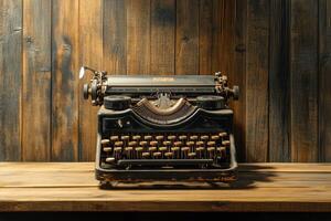 Antique typewriter on a wooden table surrounded by rustic wooden walls photo