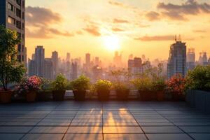 Stunning sunset view from a city rooftop garden with vibrant flowers and skyline silhouettes photo