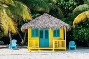 Colorful beach hut on a sandy shore surrounded by palm trees on a sunny day photo