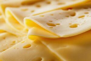 Thin slices of Swiss cheese resting on each other, showcasing distinct holes and texture photo