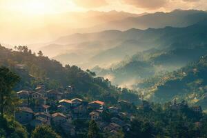 A serene sunrise over a mountainous village showcasing nature's beauty and tranquility photo