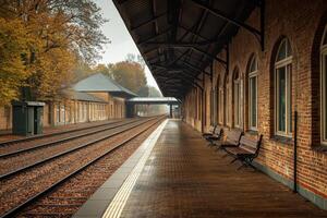 Quiet autumn afternoon at a vintage train station with empty benches and misty surroundings photo