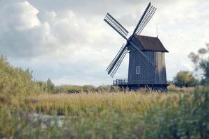 Wooden windmill surrounded by tall grass and clouds in a tranquil natural setting photo