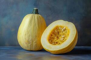 Freshly cut yellow squash on a blue surface, showcasing its vibrant color and texture photo