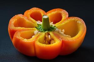 Vivid orange bell pepper sliced open, showing seeds and inner structure against a dark backdrop photo
